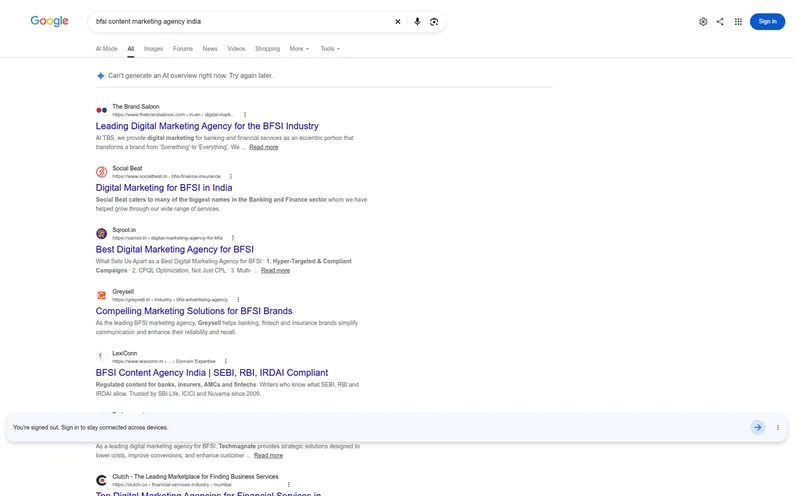 Google results for BFSI content marketing agency India