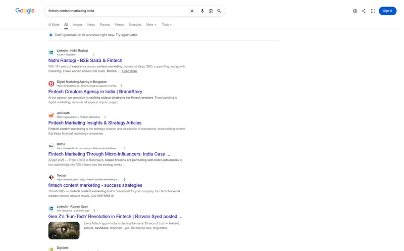 Google results for fintech content marketing India