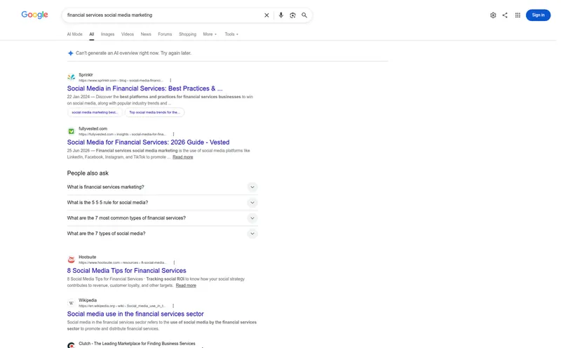 Google results for financial services social media marketing