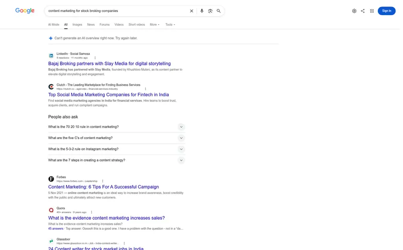 Google results for content marketing for stock broking companies