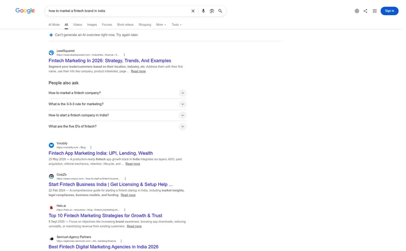 Google results for how to market a fintech brand in India
