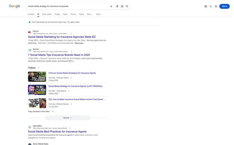 Google results for social media strategy for insurance companies