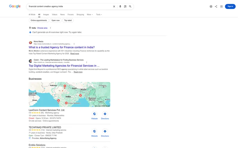 Google results for financial content creation agency India