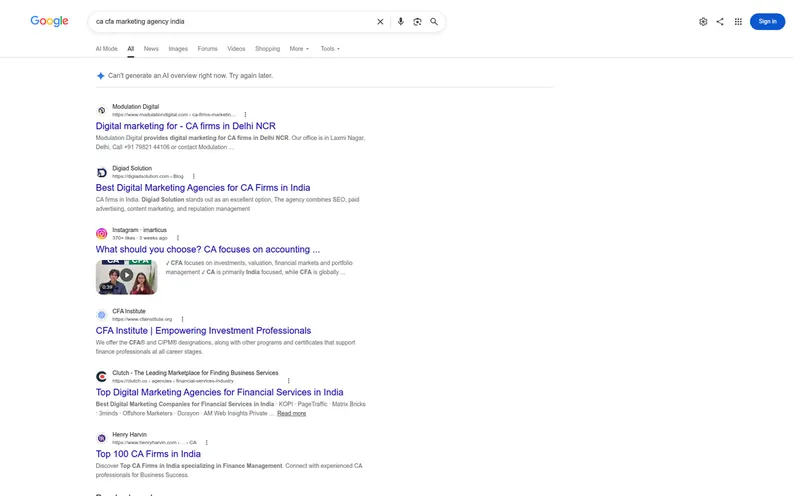 Google results for CA CFA marketing agency India