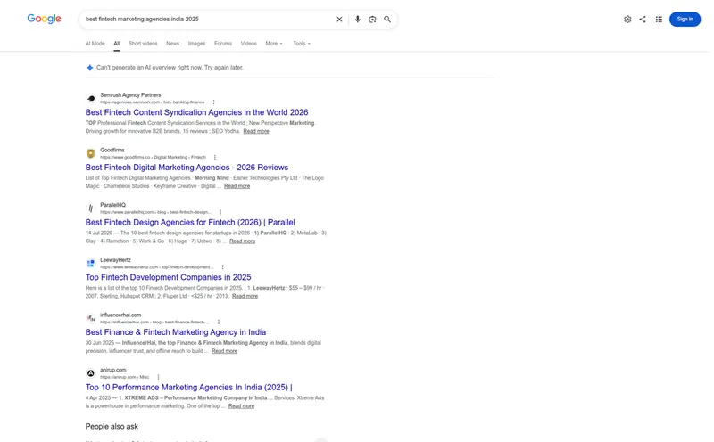 Google results for best fintech marketing agencies India 2025