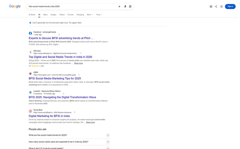 Google results for BFSI social media trends India 2025