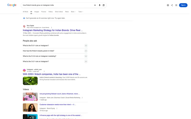 Google results for how fintech brands grow on Instagram India