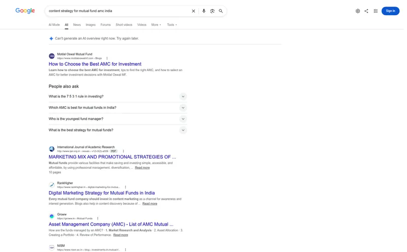 Google results for content strategy for mutual fund AMC India