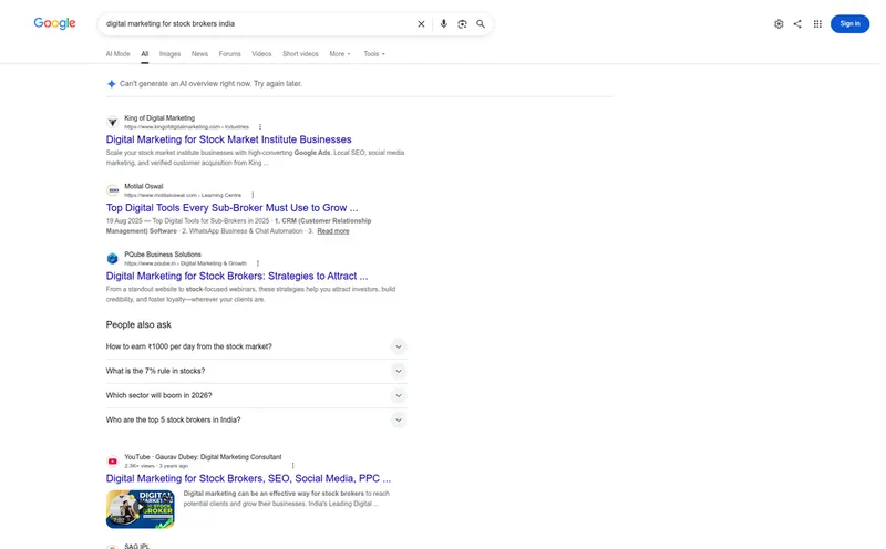 Google results for digital marketing for stock brokers India