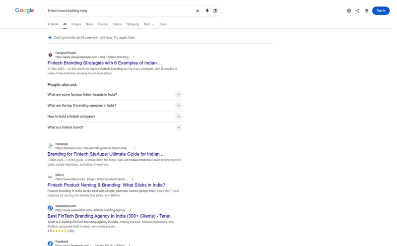 Google results for fintech brand building India
