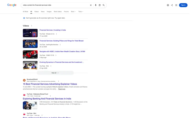 Google results for video content for financial services India