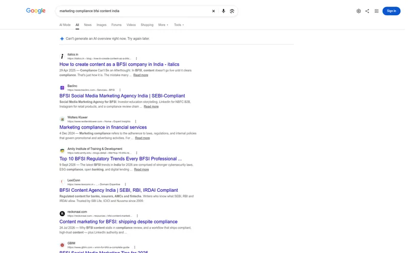 Google results for marketing compliance BFSI content India