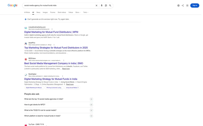 Google results for social media agency for mutual funds India