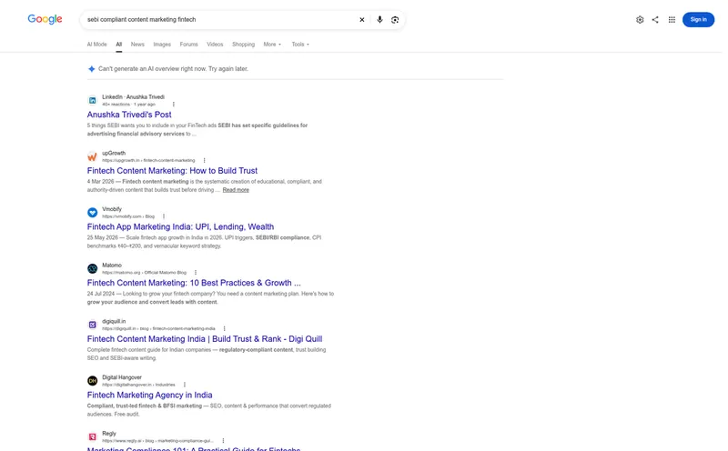 Google results for SEBI compliant content marketing fintech