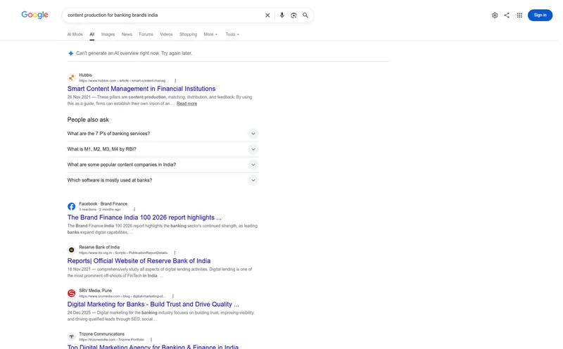 Google results for content production for banking brands India
