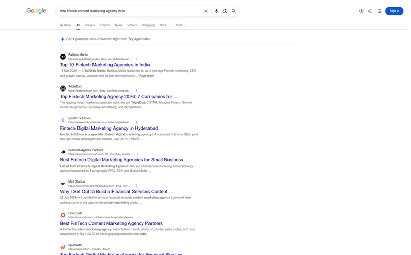 Google results for hire fintech content marketing agency India