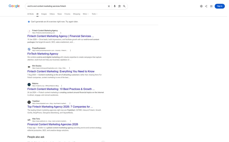 Google results for end to end content marketing services fintech