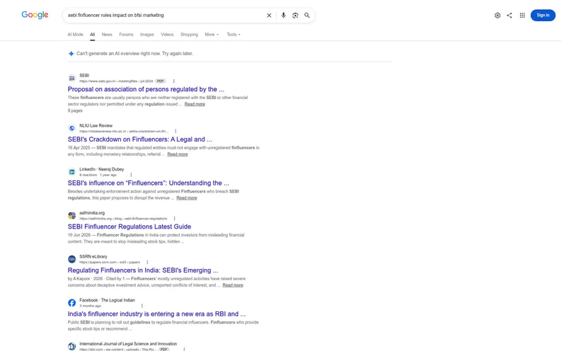 Google results for SEBI finfluencer rules impact on BFSI marketing
