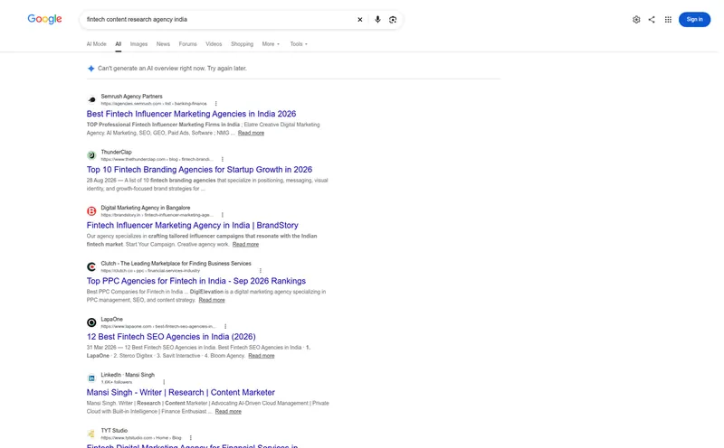 Google results for fintech content research agency India