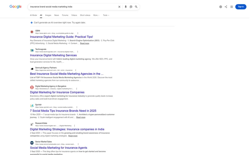 Google results for insurance brand social media marketing India