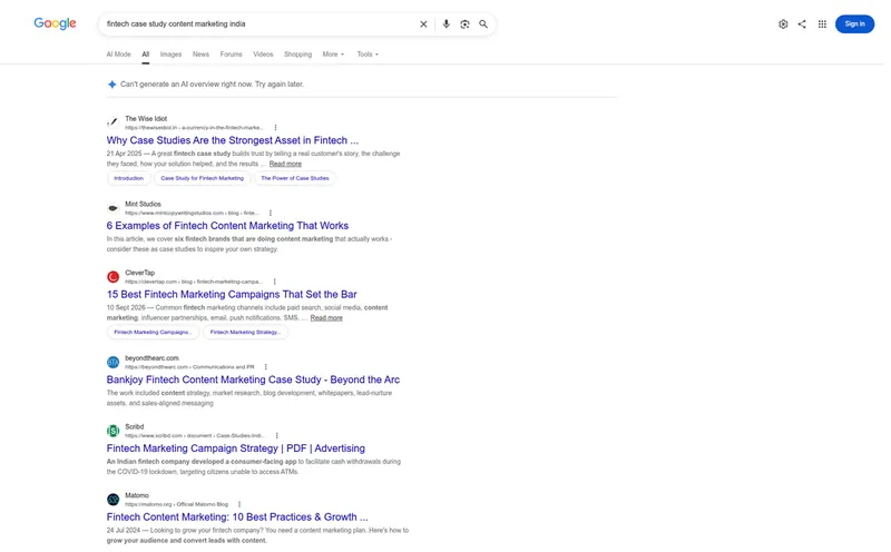 Google results for fintech case study content marketing India