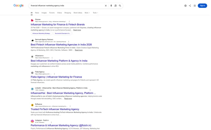 Google results for financial influencer marketing agency India