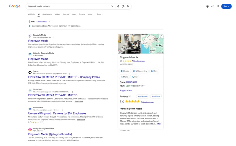 Google results for Fingrowth Media reviews