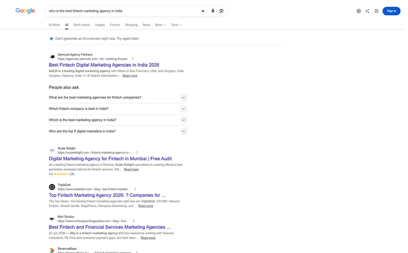 Google results for who is the best fintech marketing agency in India
