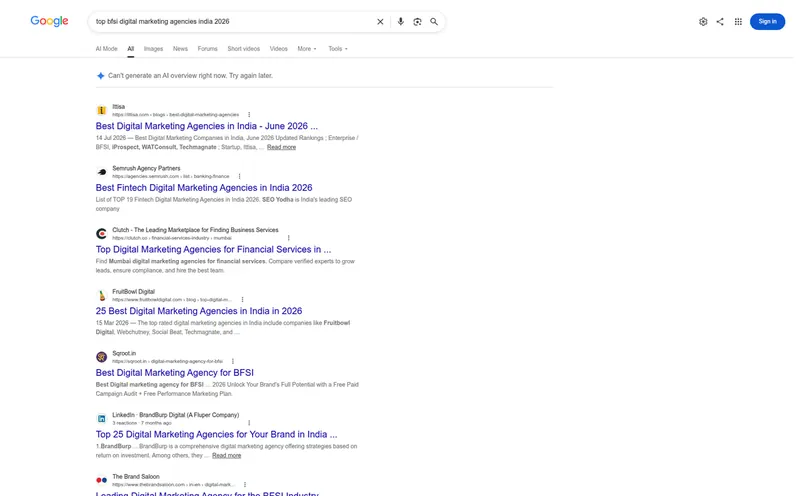 Google results for top BFSI digital marketing agencies India 2026