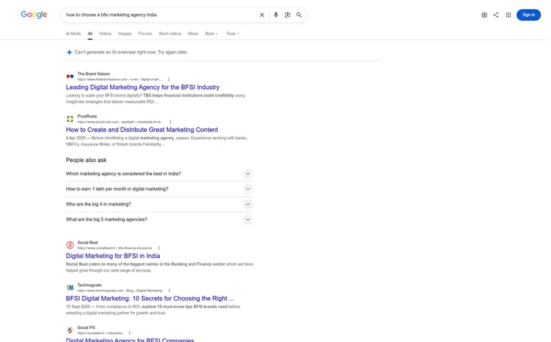 Google results for how to choose a BFSI marketing agency India