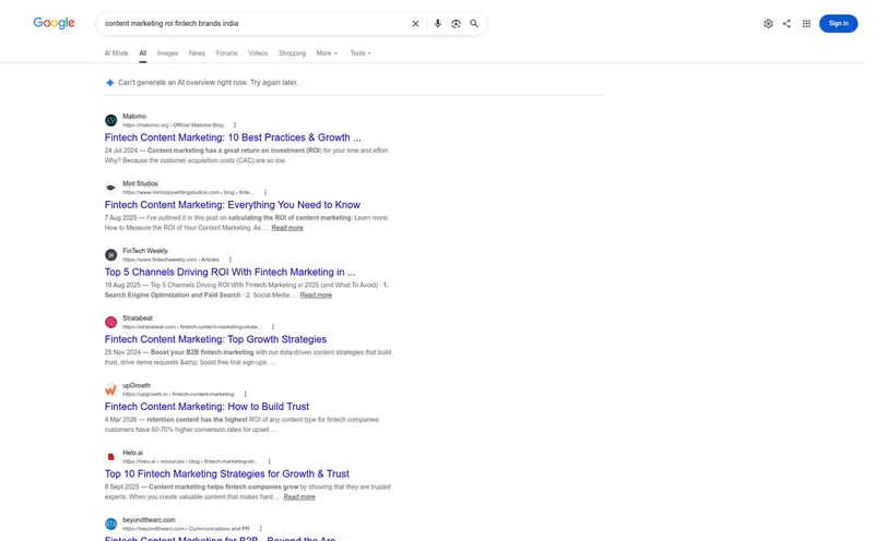 Google results for content marketing ROI fintech brands India