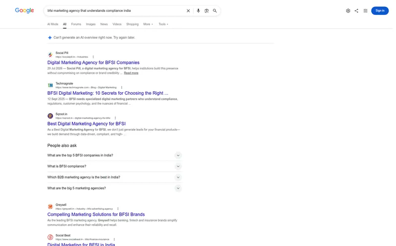 Google results for BFSI marketing agency that understands compliance India