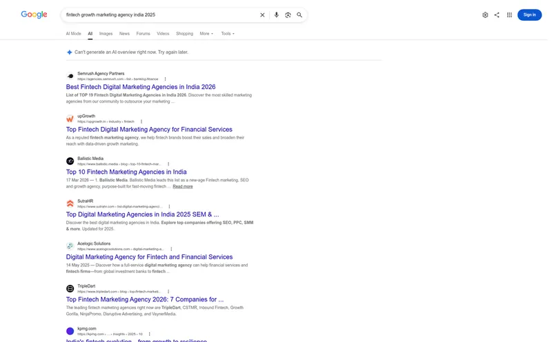 Google results for fintech growth marketing agency India 2025