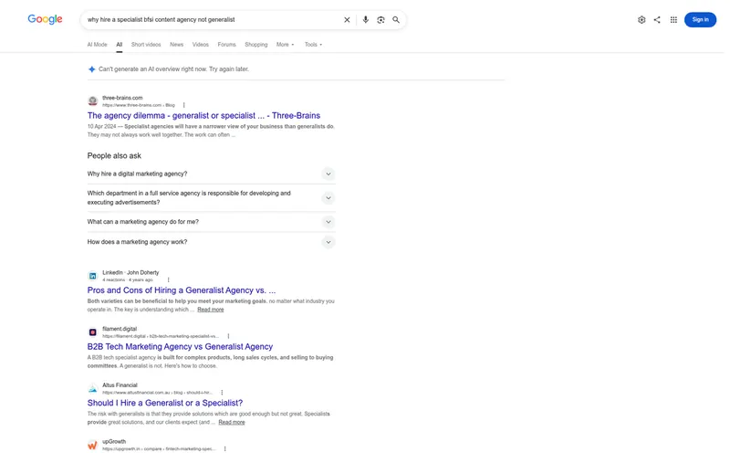Google results for why hire a specialist BFSI content agency not generalist